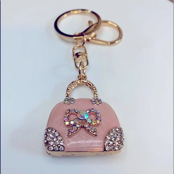 Rhinestone Bling Pink Purse Gold Tone Handbag Key Chain - Picture 6 of 7